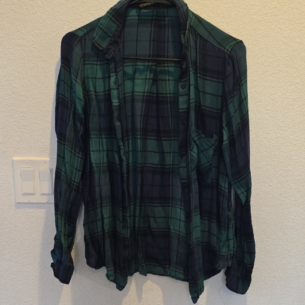 Zara Womens Green and Navy Plaid Shirt